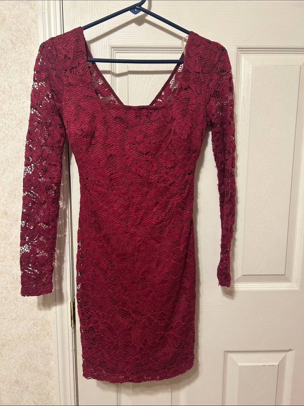 Teeze Me Long Sleeve Lace Bodycon Dress in Burgundy